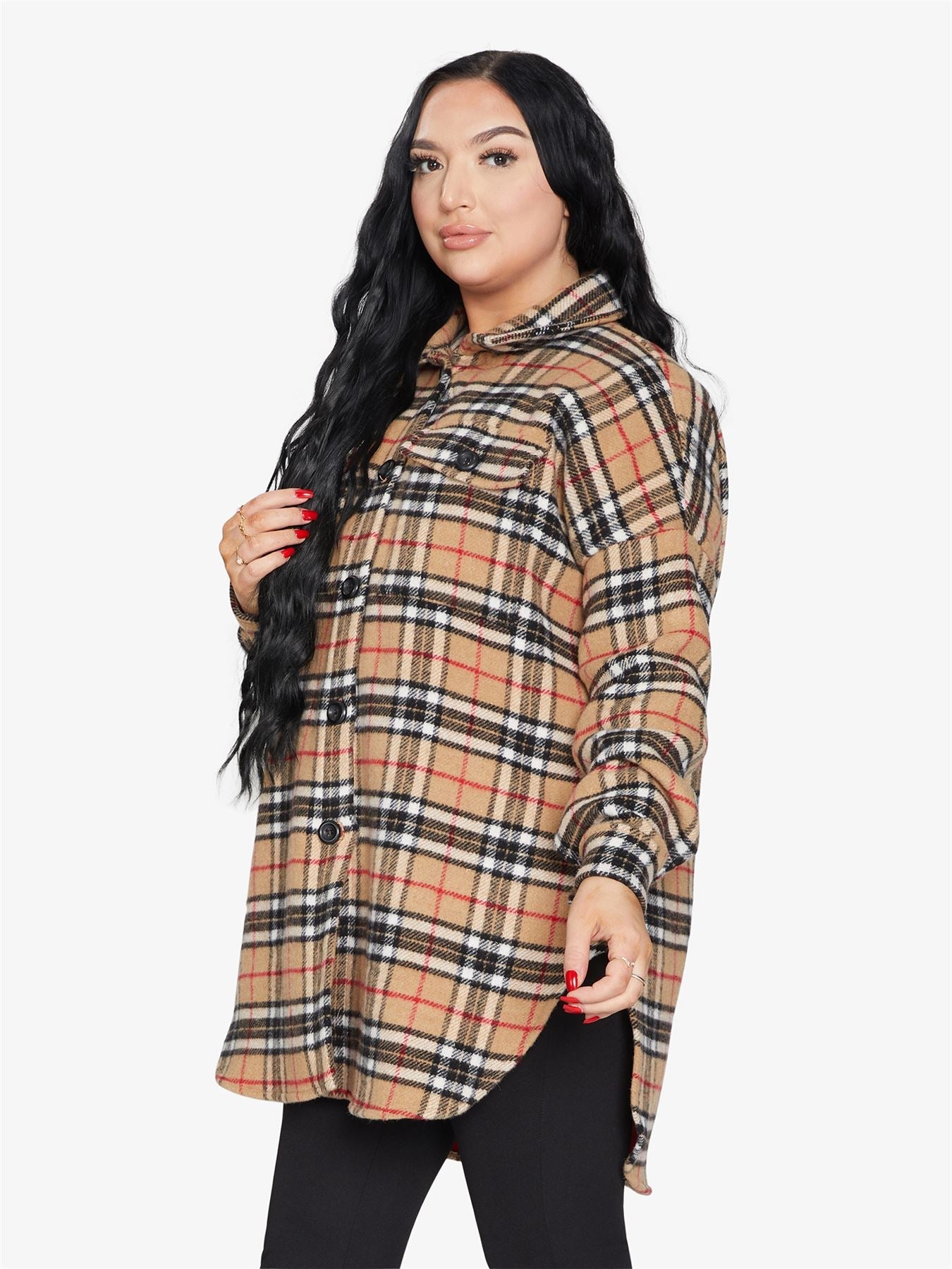 Oversized Nova Check Wool Blend Shacket by Rose Eleusis, showcasing a stylish plaid pattern, button-front design, and relaxed fit.