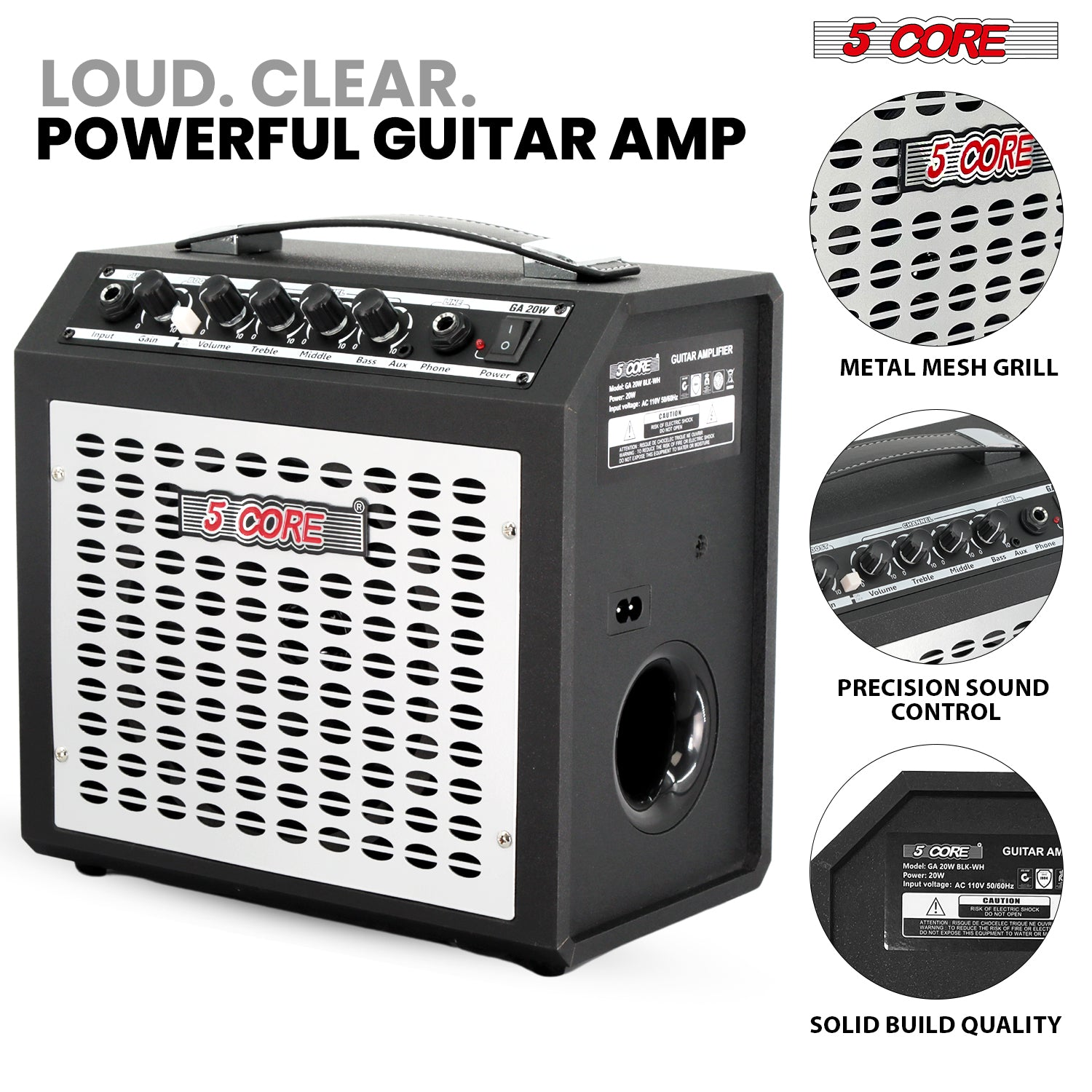 Start2Finish 20W portable guitar amp with built-in 6.5-inch speaker, aux input, and headphone jack for musical instrument use.