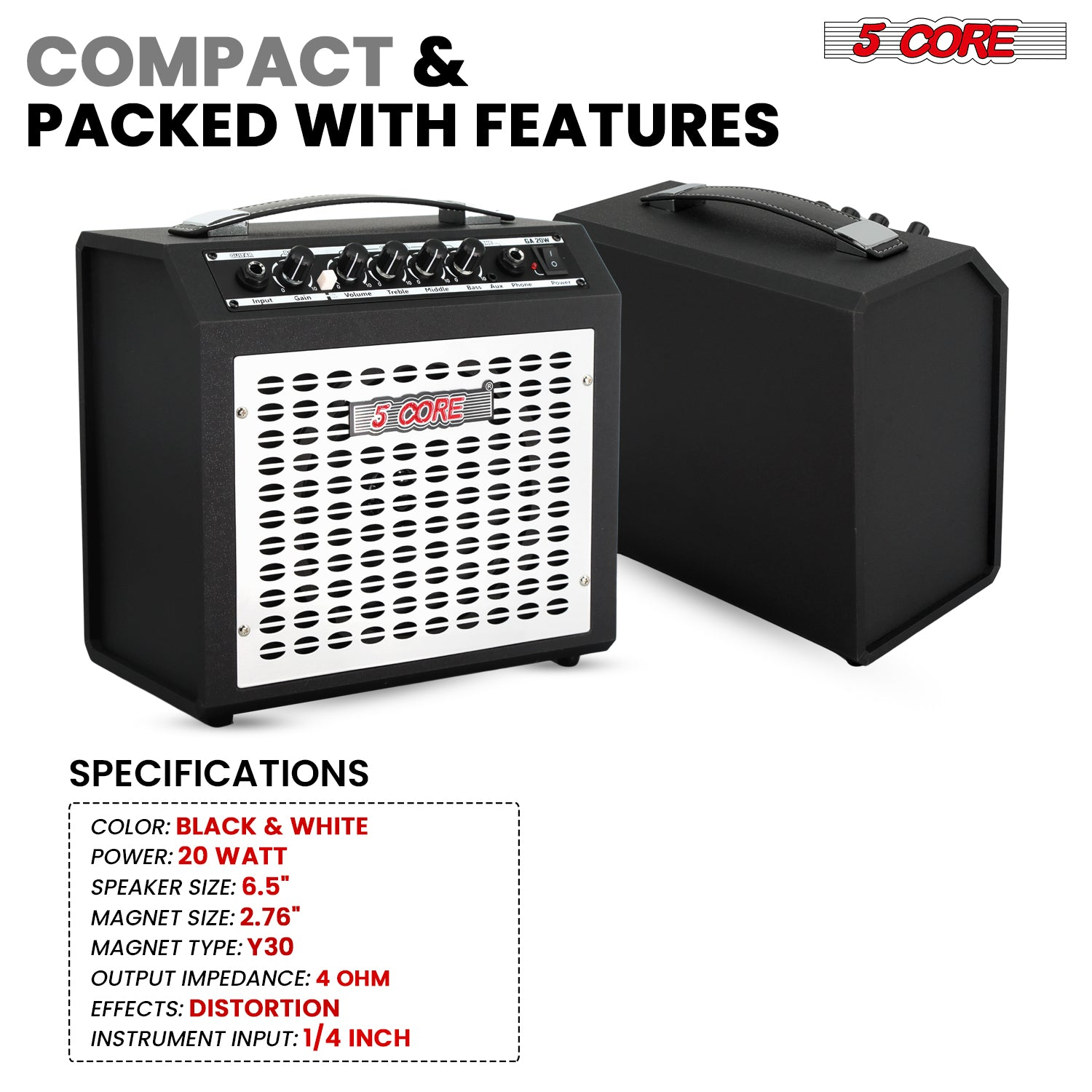 Start2Finish 20W portable electric guitar amplifier with 6.5-inch speaker, aux input, headphone jack, compact musical instrument amp