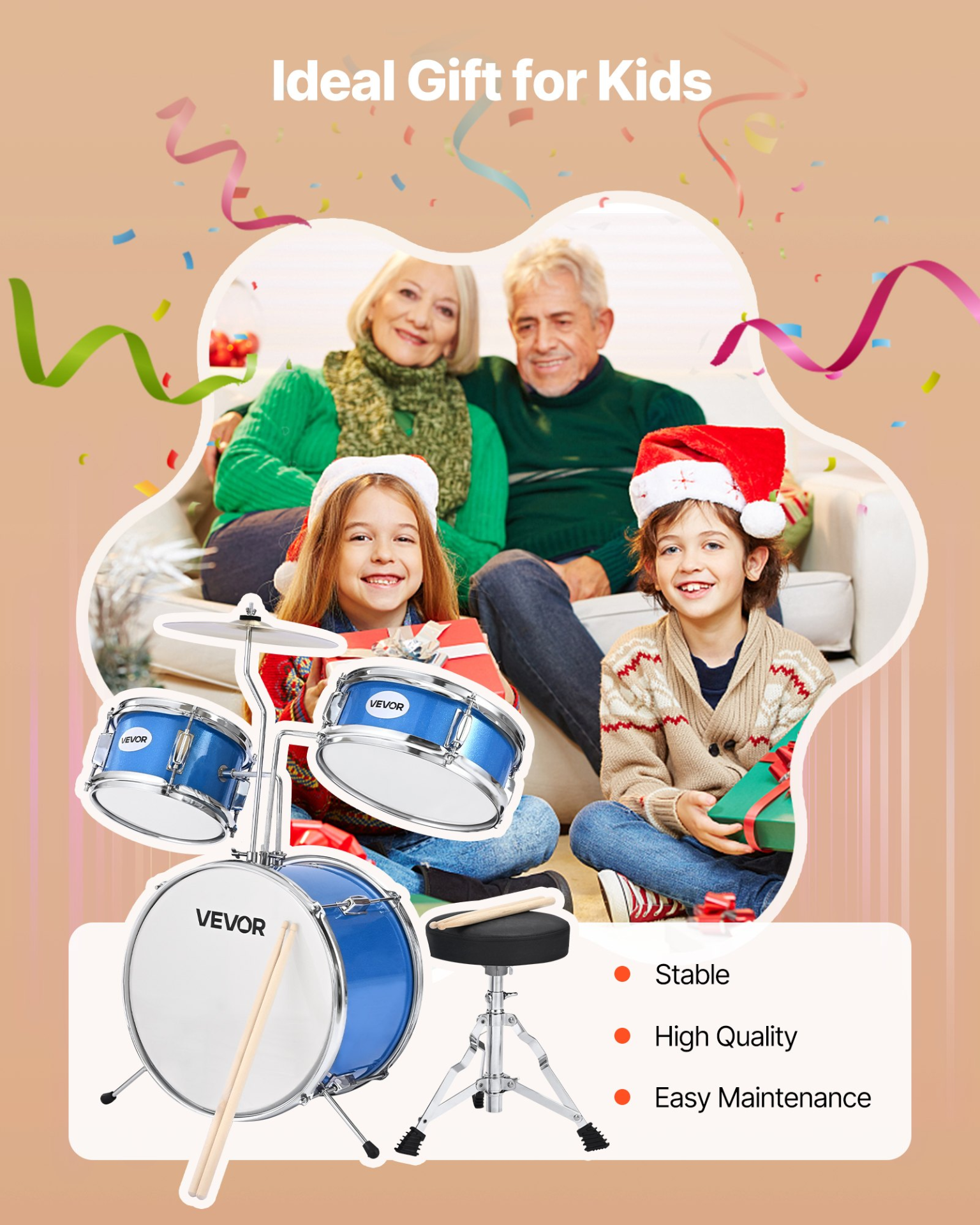 Start2Finish VEVOR Kids Drum Set with 14-inch junior drums, cymbal, adjustable throne, drumsticks, for children ages 6-13 in blue.