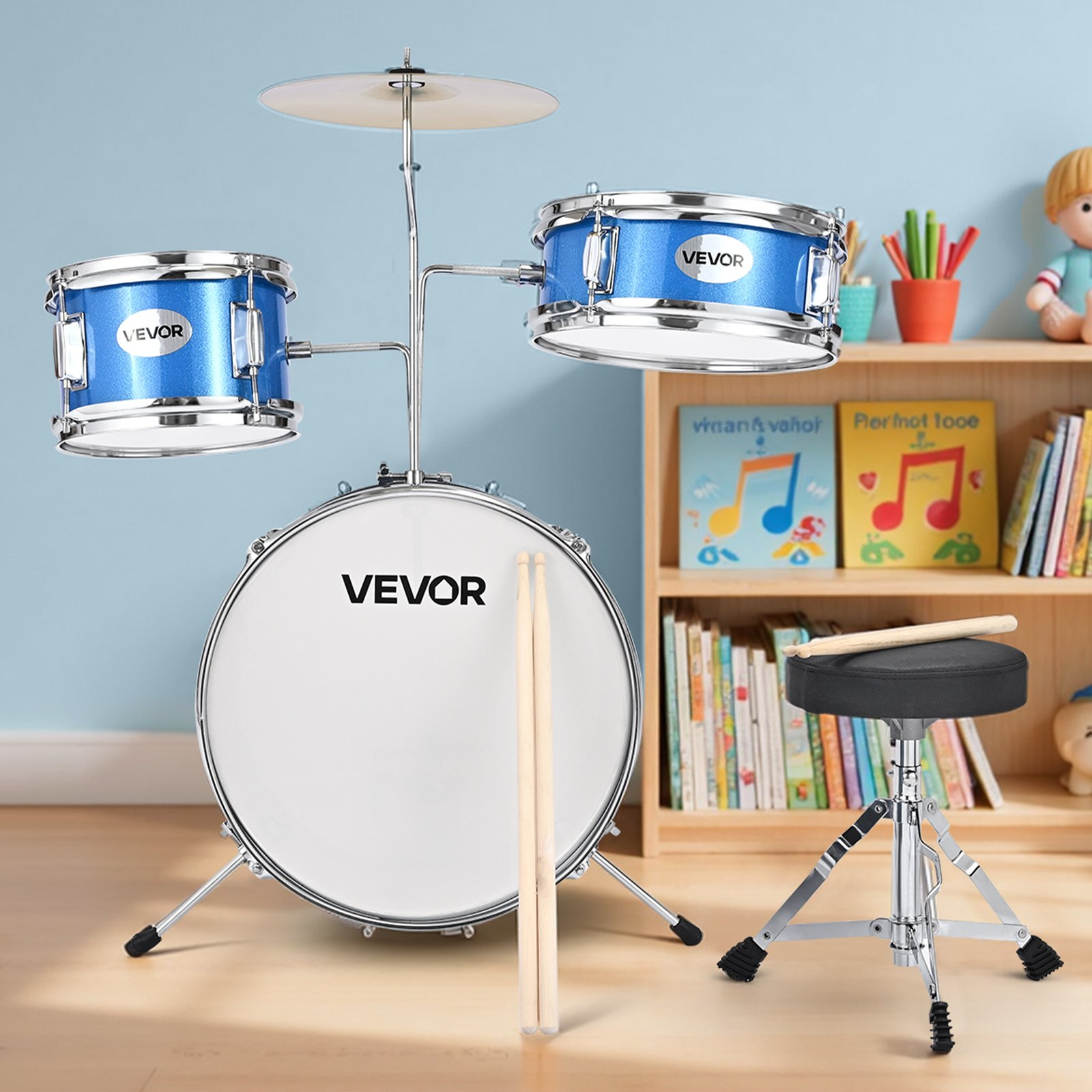 Start2Finish VEVOR Kids Drum Set with 14-inch drums, cymbal, adjustable throne, and drumsticks in blue for children ages 6-13.