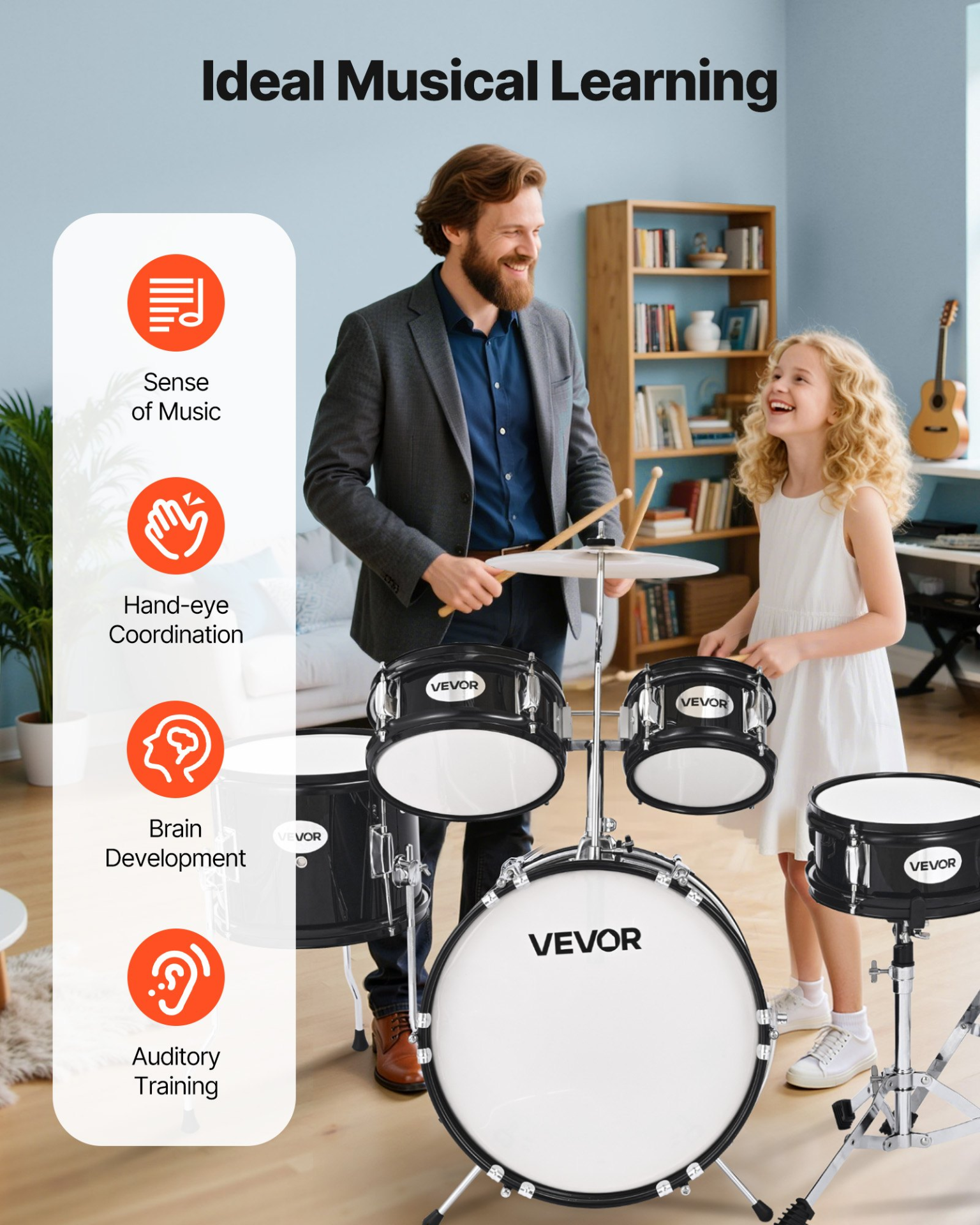 Start2Finish VEVOR Kids 5-Piece Drum Set with cymbal, adjustable throne, and drumsticks, ideal for children ages 6-13.