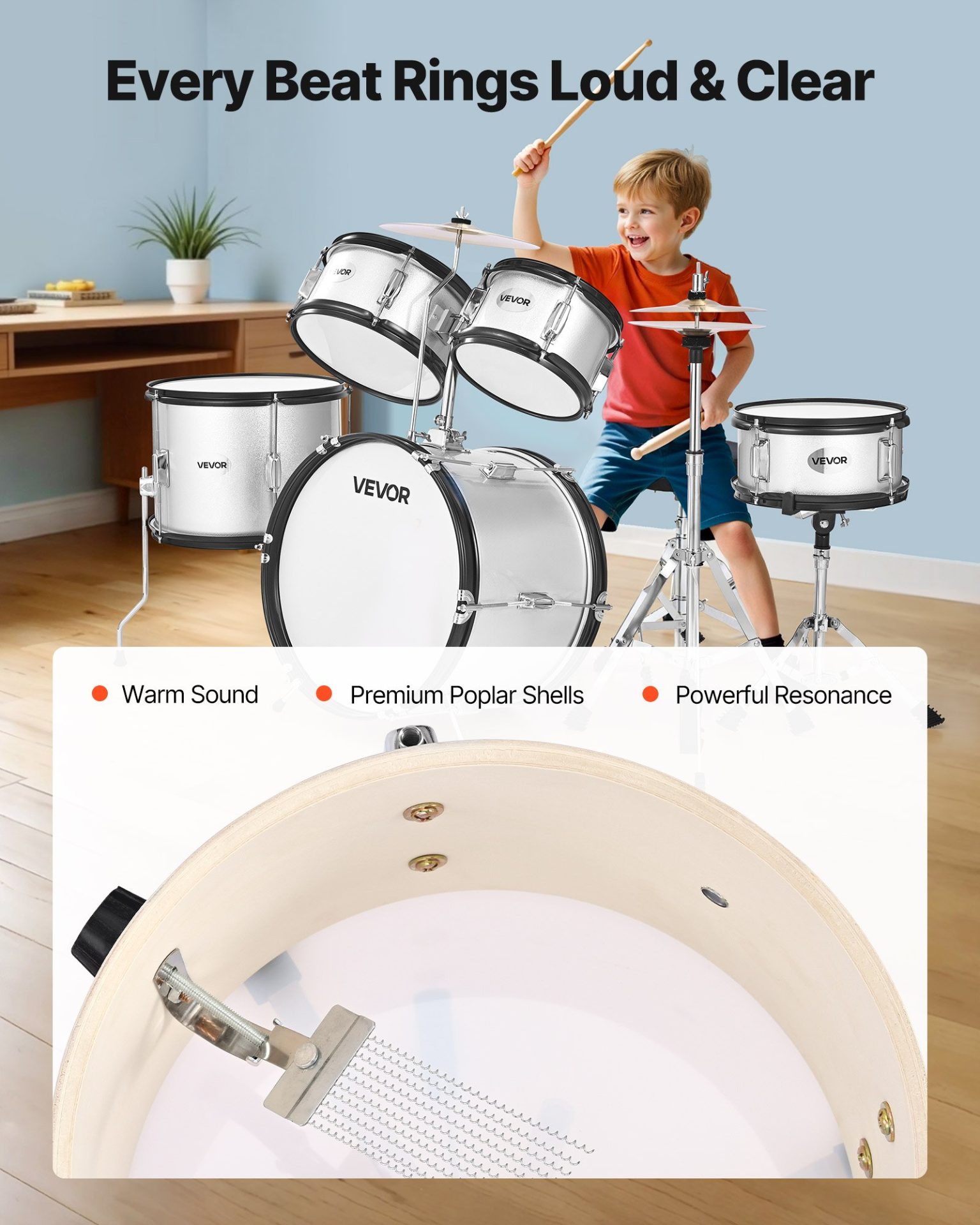 Start2Finish VEVOR Kids 5-Piece Drum Set with cymbals, adjustable throne, drumsticks, ideal for children ages 6-13.