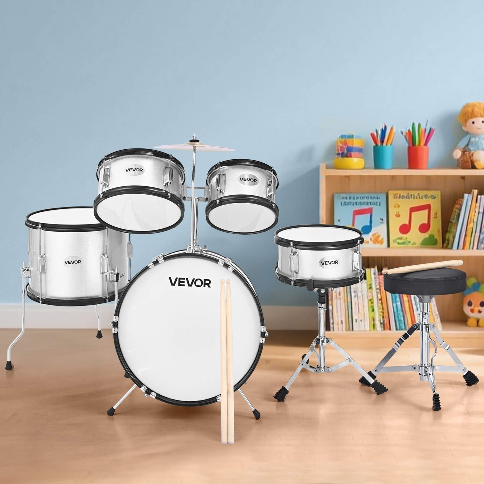 Start2Finish VEVOR Kids Drum Set with 16-inch junior drums, cymbal, adjustable throne, drumsticks, for children ages 6-13.