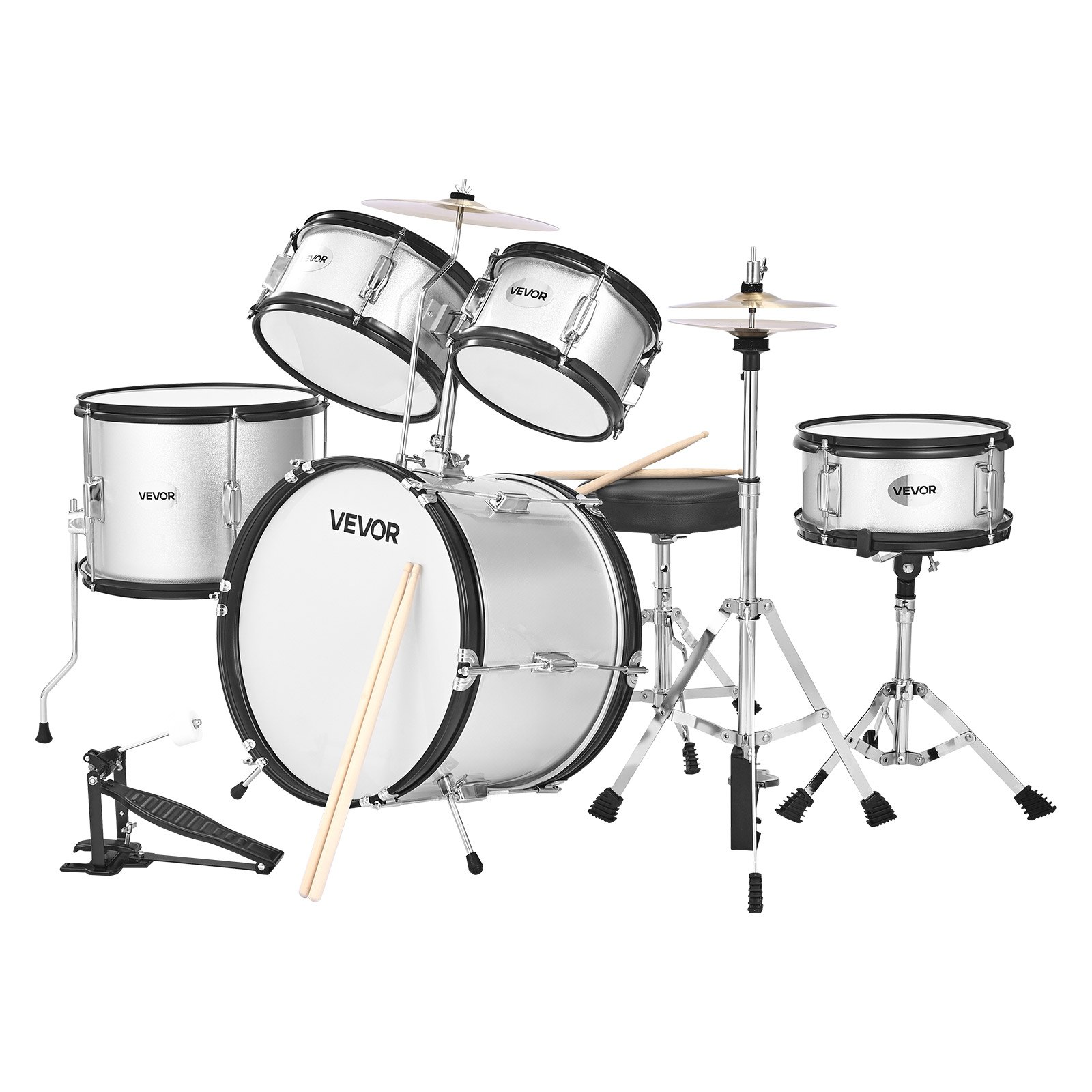 Start2Finish VEVOR kids 5-piece drum set with cymbal, adjustable throne, drumsticks, suitable for children ages 6-13, silver color