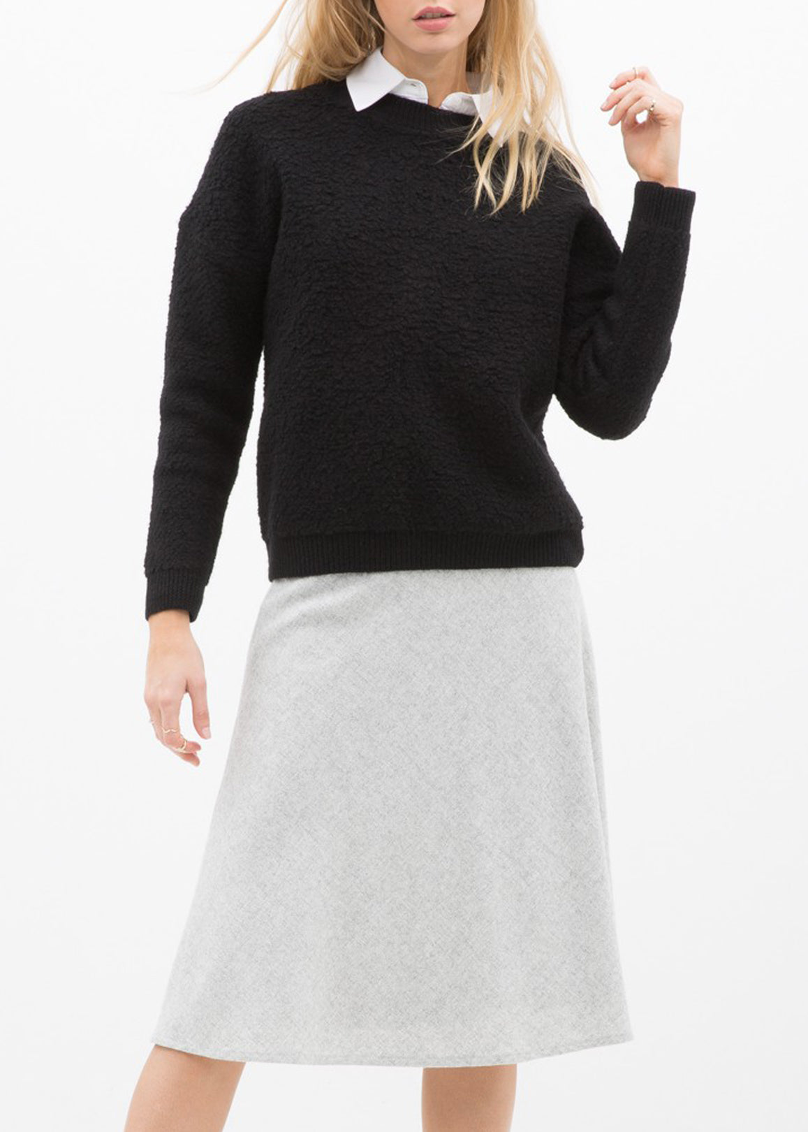 High waisted wool knit midi skirt in Heather Grey by Lemon Hera, featuring a cozy, stylish midi-length design.