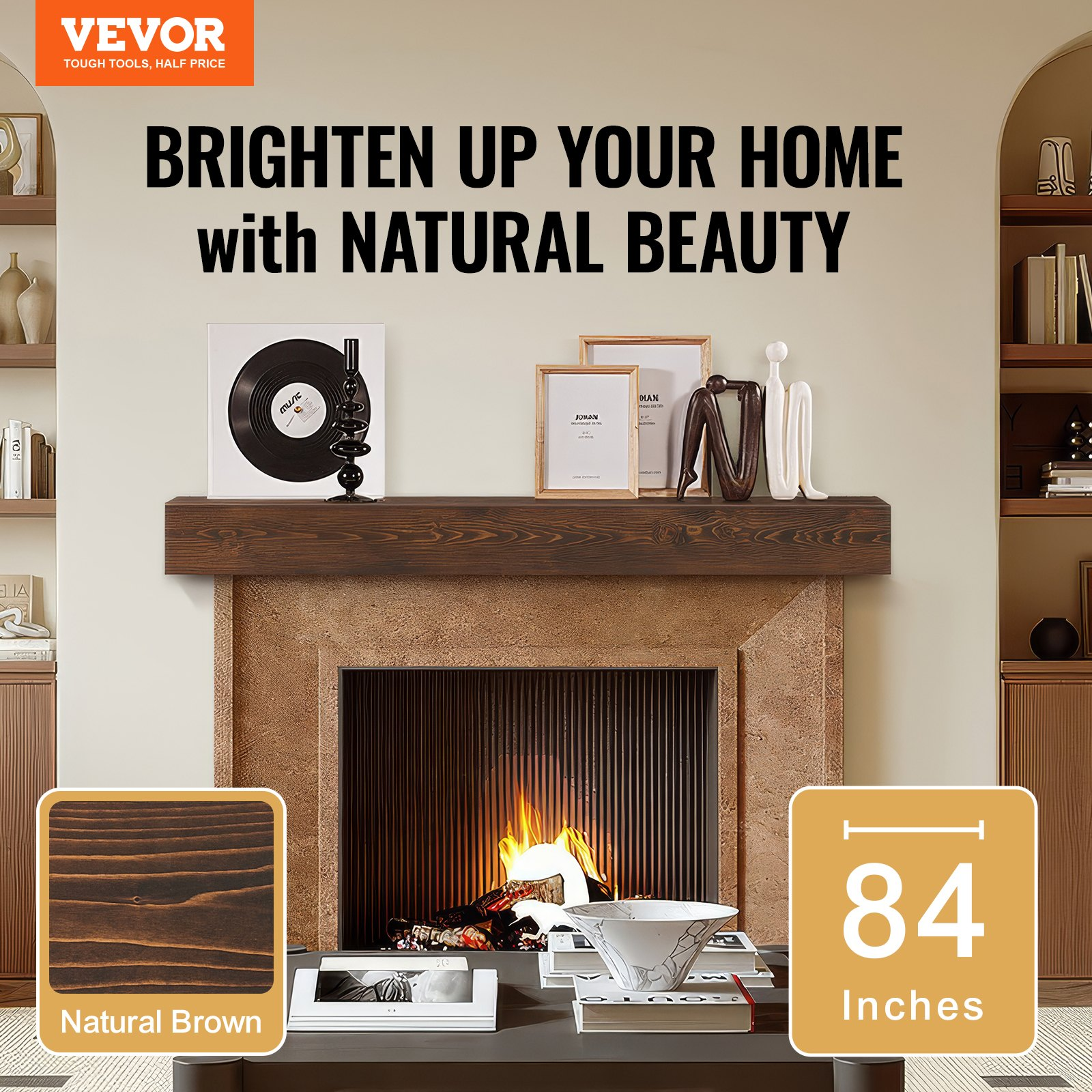 Natural wood fireplace mantel from Start2Finish, 84-inch wall-mounted farmhouse shelf with handcrafted design and 50 lbs weight capacity.
