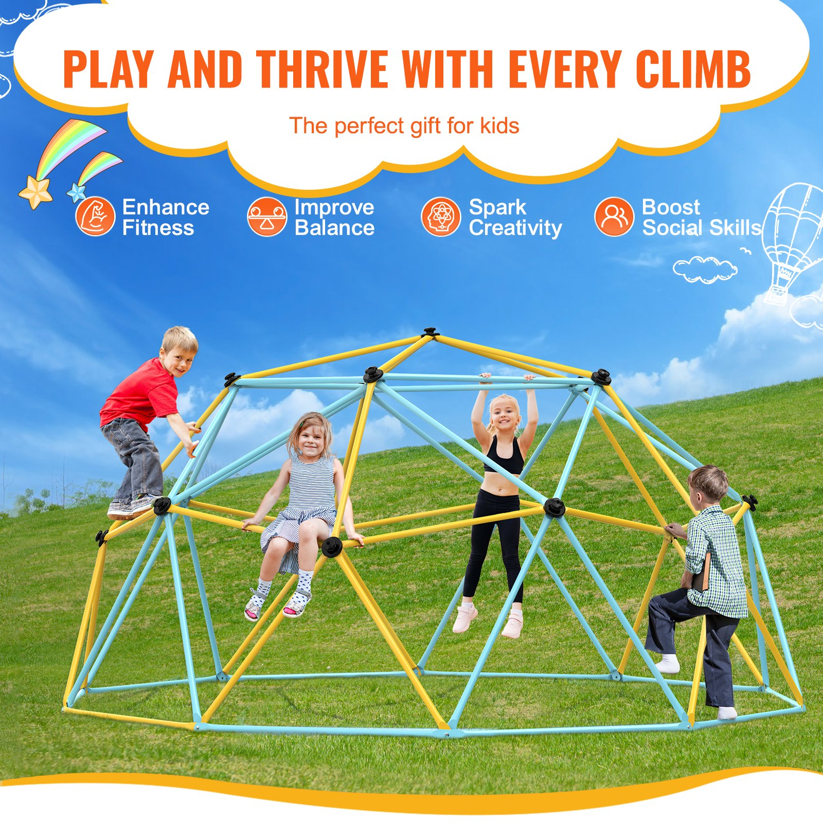 Start2Finish VEVOR 12FT outdoor climbing dome for kids, geometric jungle gym with climbing grips and sturdy support for backyard play.