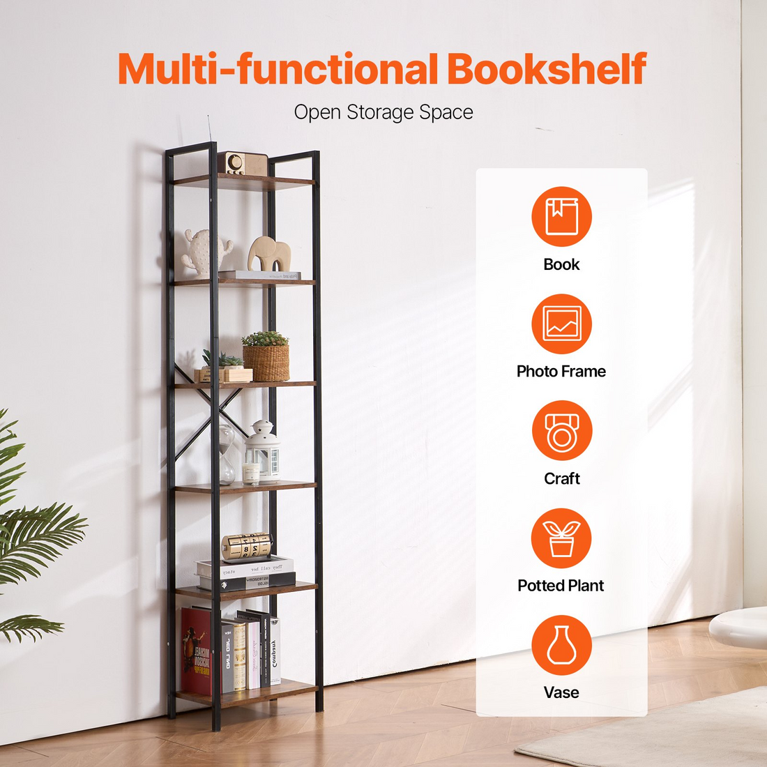 Start2Finish VEVOR 6-Tier Metal Bookshelf with open rustic shelves, tall narrow industrial storage unit for living room or office.