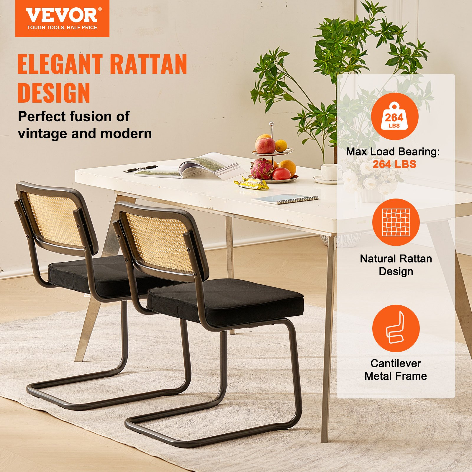 Set of 2 VEVOR rattan chairs with black upholstered velvet seats, mid-century modern design, perfect for dining or living rooms.