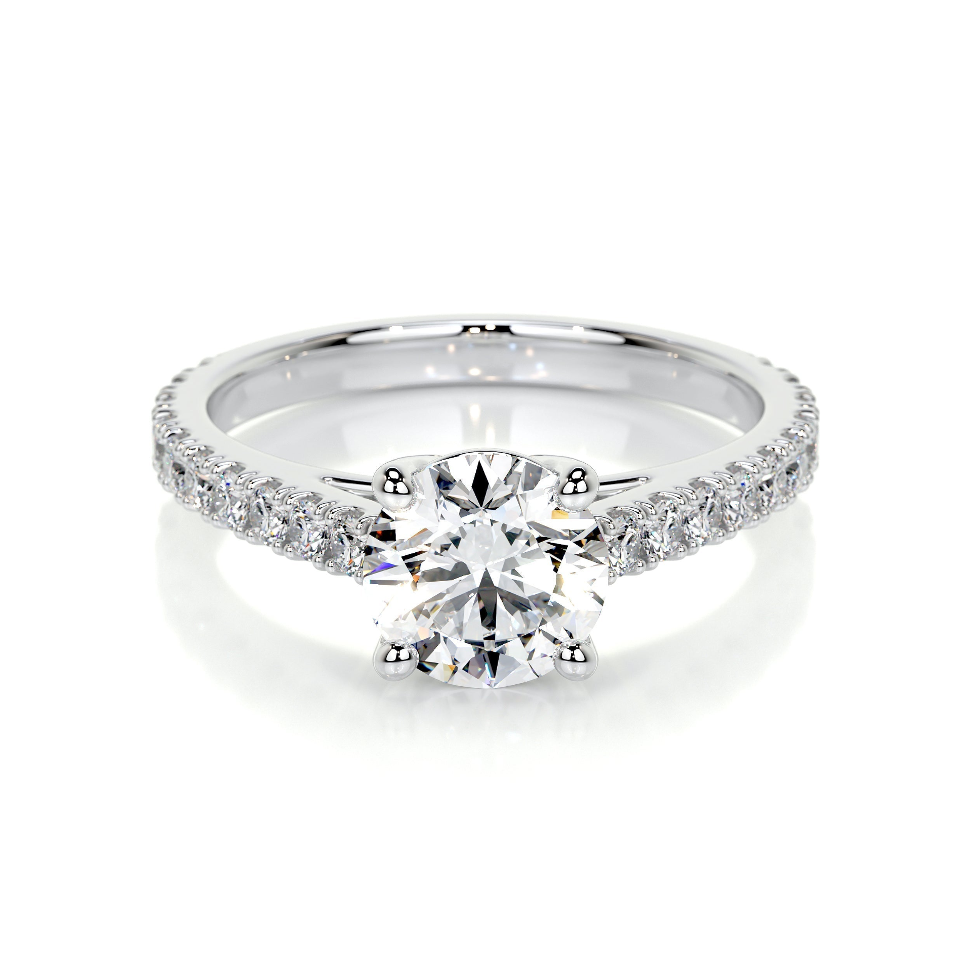 Round brilliant lab-grown diamond channel engagement ring in 14K white gold with F/VS clarity and sparkle.