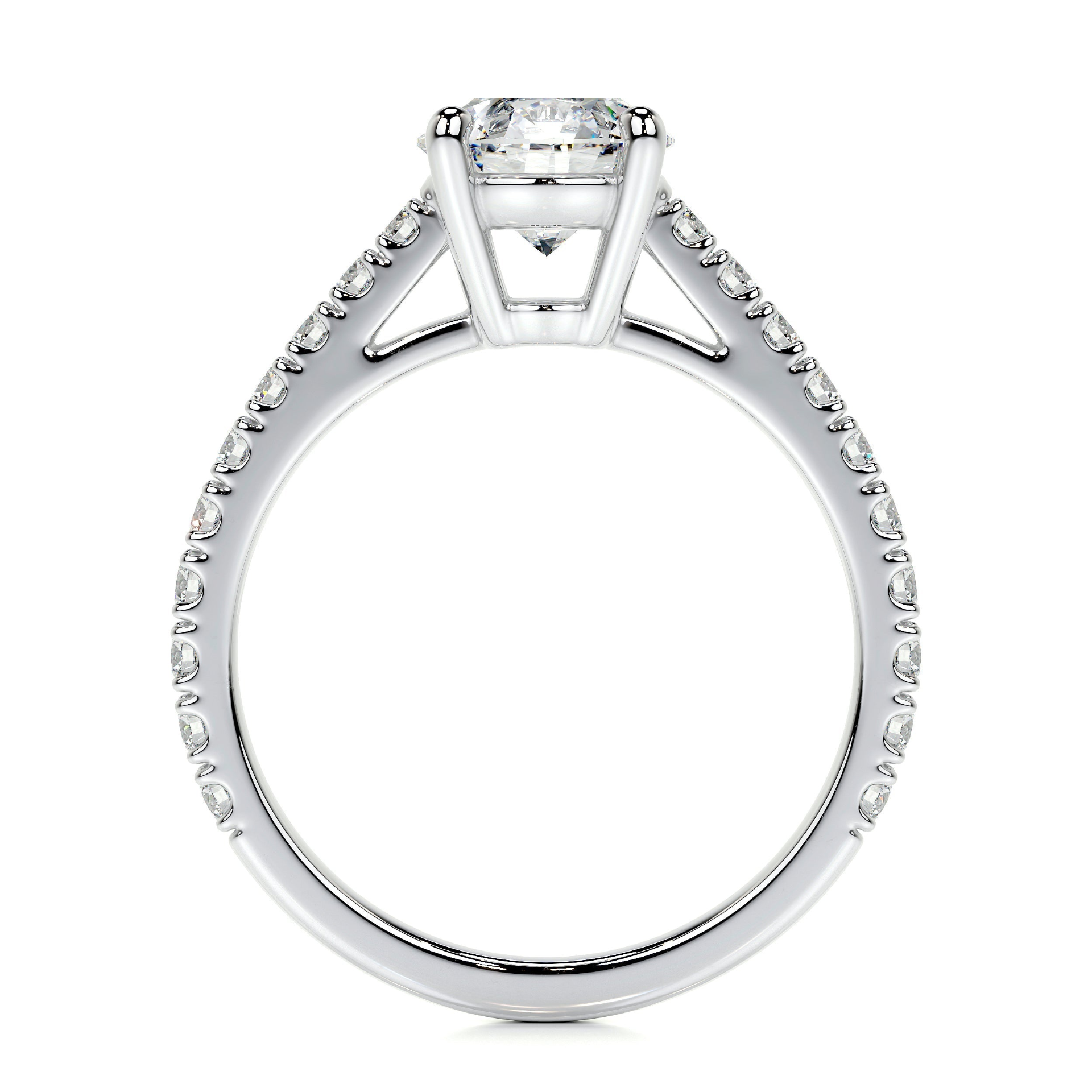 Round brilliant lab-grown diamond channel setting engagement ring in 14K white gold with F/VS quality stones.
