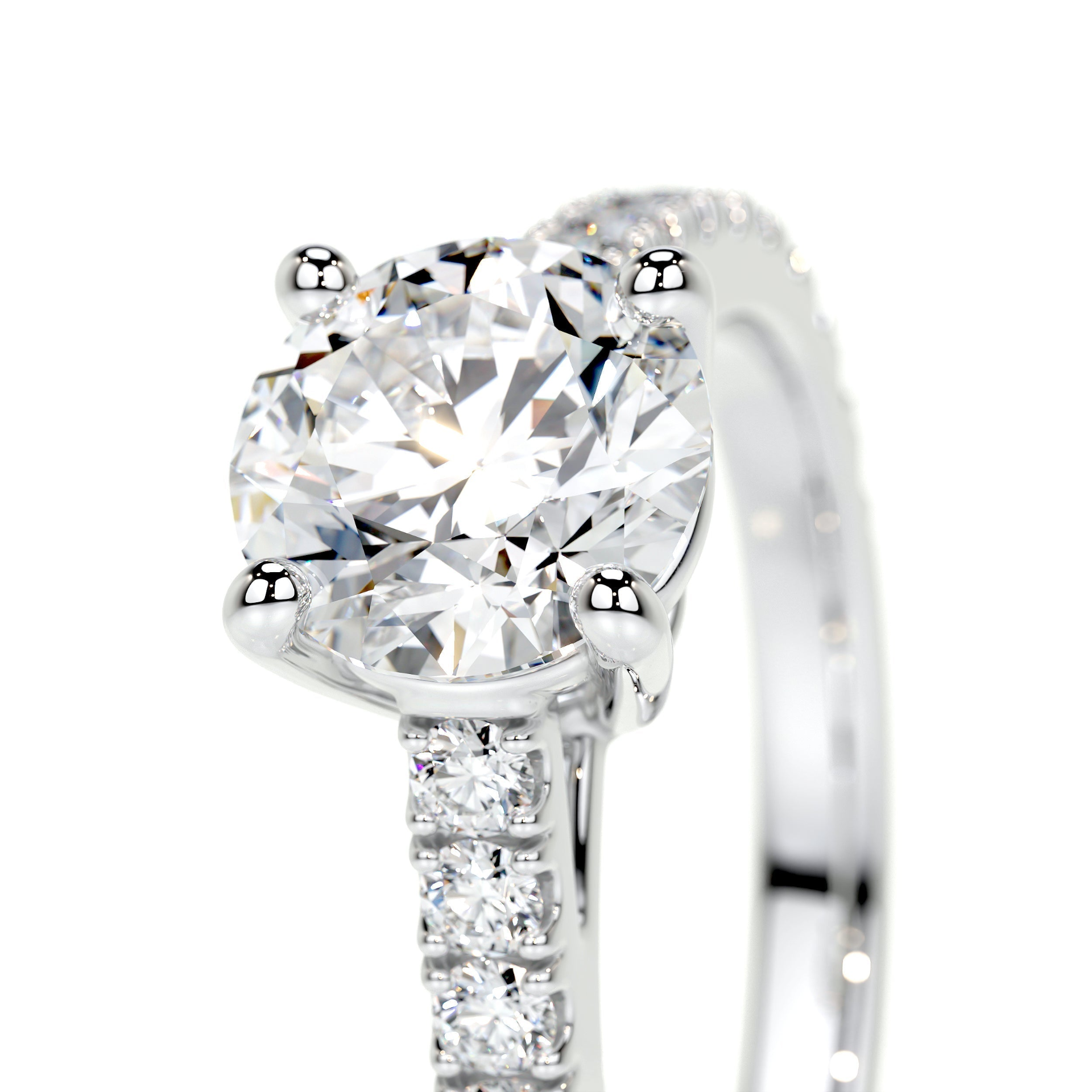 Round brilliant lab-grown diamond channel engagement ring in 14K white gold with F/VS quality, featuring multiple sparkling diamonds.