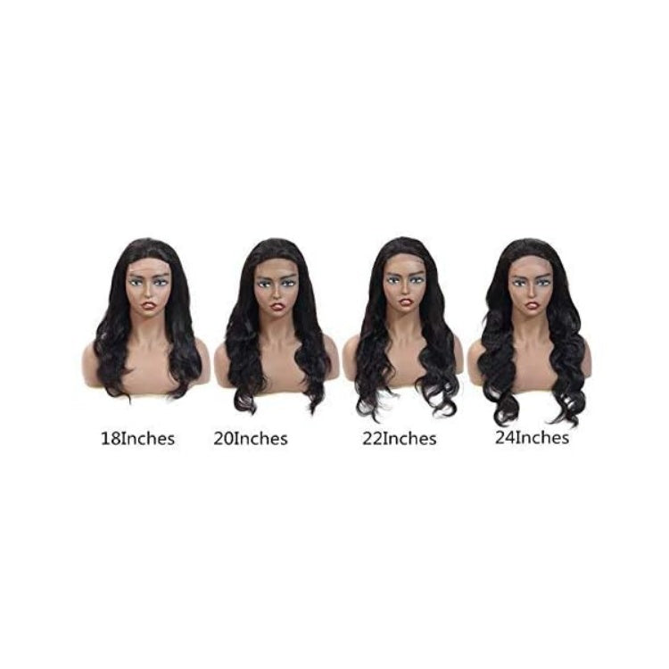 Natural color 4x4 lace closure wig with body wave human hair, soft texture, and full body, styled on a mannequin head.