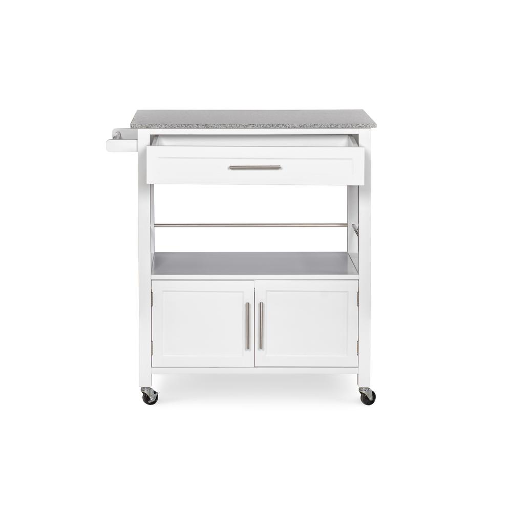 Start2Finish Cameron White kitchen cart with granite top, featuring storage shelves and a sturdy handle for easy mobility.