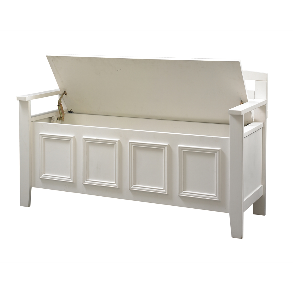 Start2Finish Laredo Storage Bench in neutral fabric with wooden legs, showcasing its rectangular shape and cushioned top.