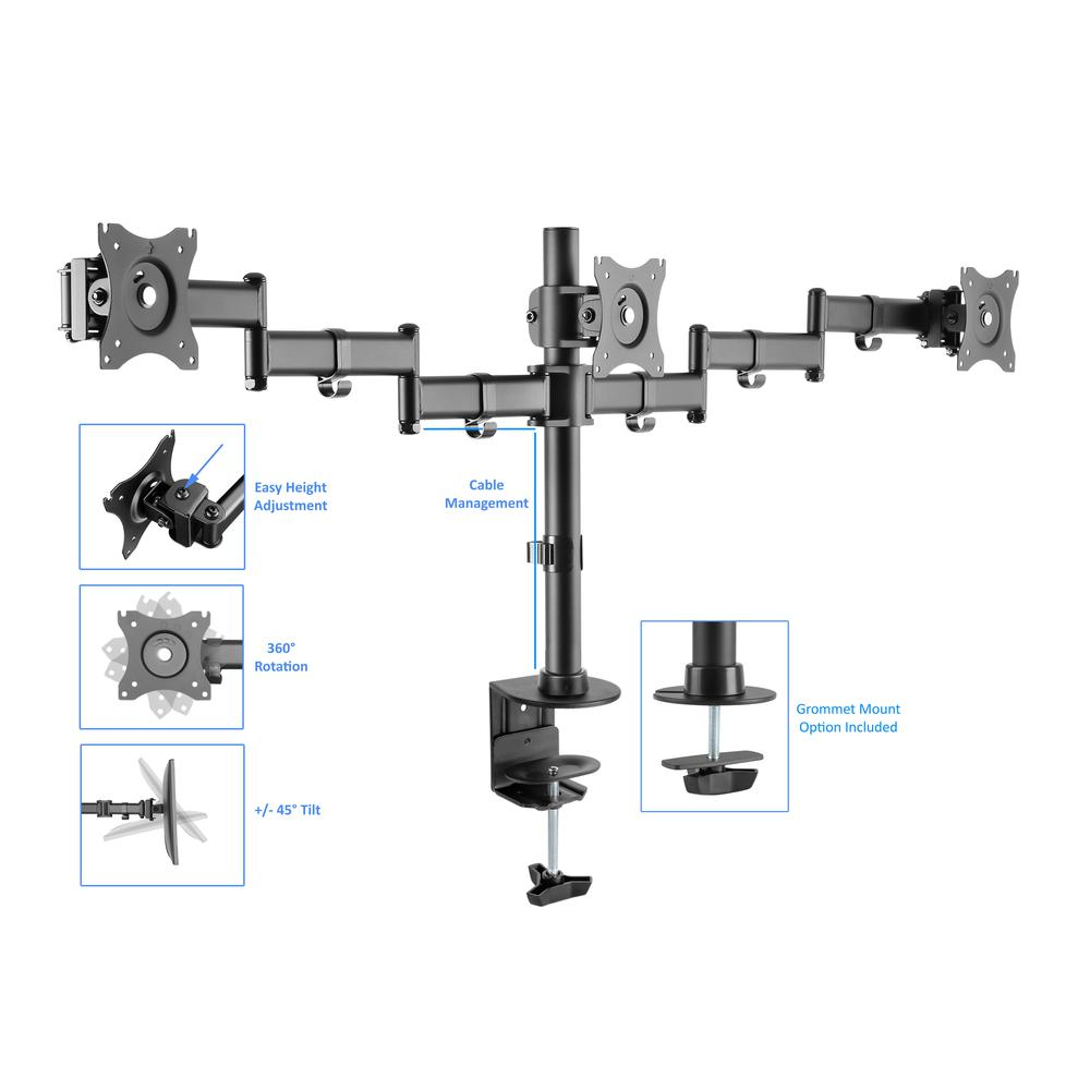 Rocelco Premium Triple Monitor Desk Mount with three adjustable articulated arms holding 13-27 inch LED LCD screens in black.