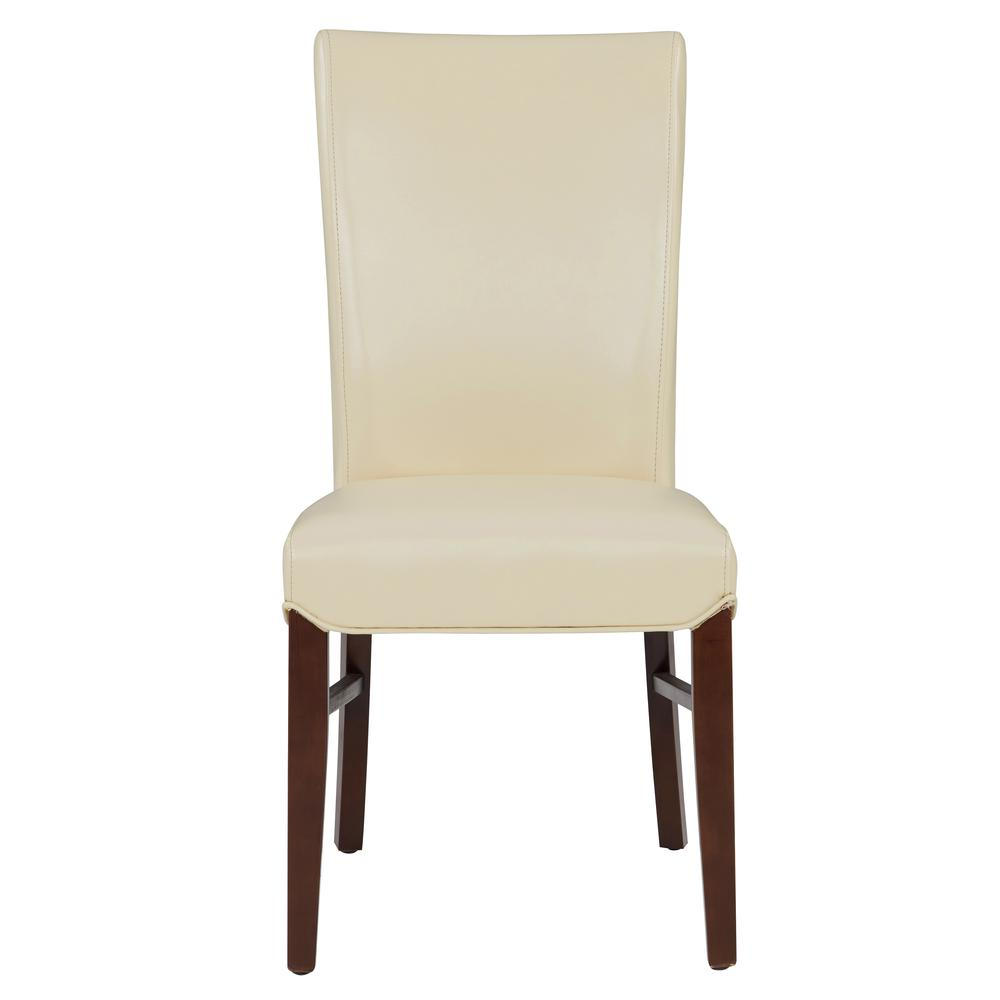 Set of two Milton bonded leather dining side chairs by Start2Finish with dark wooden legs and cushioned seats.
