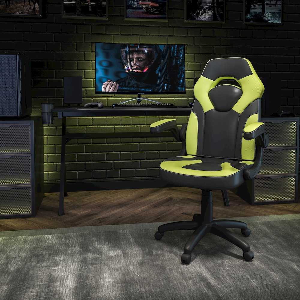 Start2Finish X10 gaming chair with neon green and black upholstery, racing style office swivel chair with adjustable armrests.