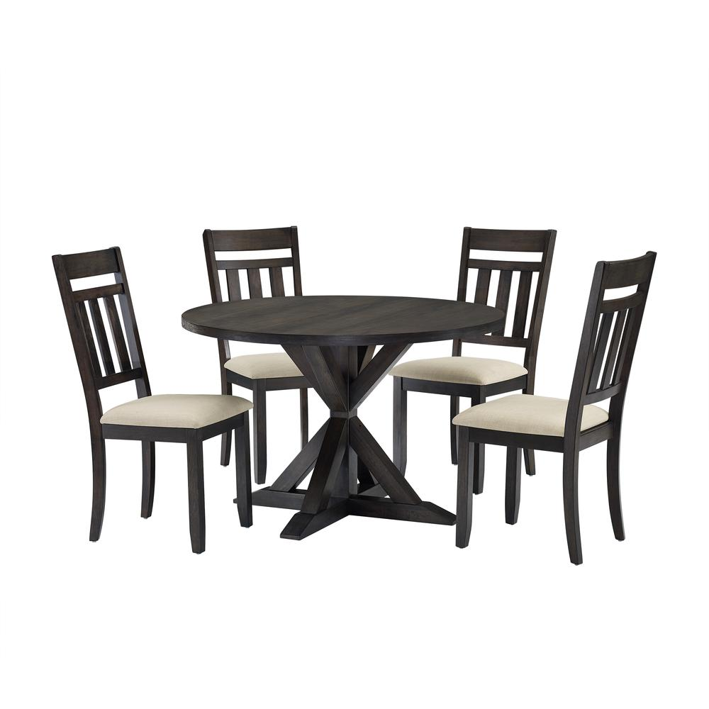 Start2Finish Hayden 5-piece round dining table set with four slat-back chairs, showcasing the wooden furniture and table surface.