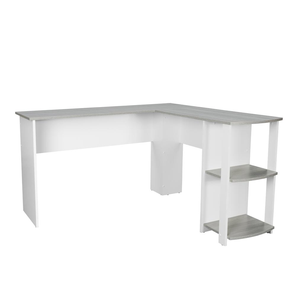 Grey Techni Mobili modern L-shaped desk with side shelves, featuring a sleek design and ample workspace.