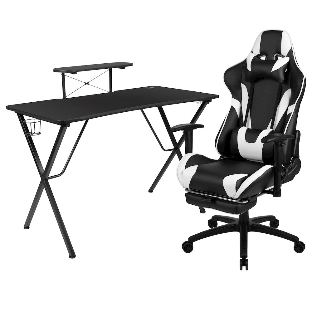Start2Finish black gaming desk and recliner gaming chair set, featuring a sleek black desk and comfortable footrest in a modern furniture design.