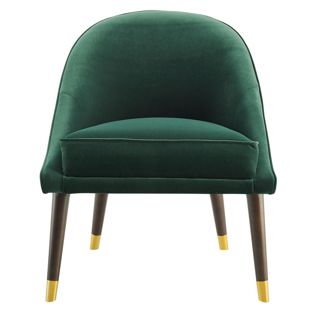 Start2Finish Avalon velvet accent chair in green with plush fabric and modern design, featuring a sleek wooden base.