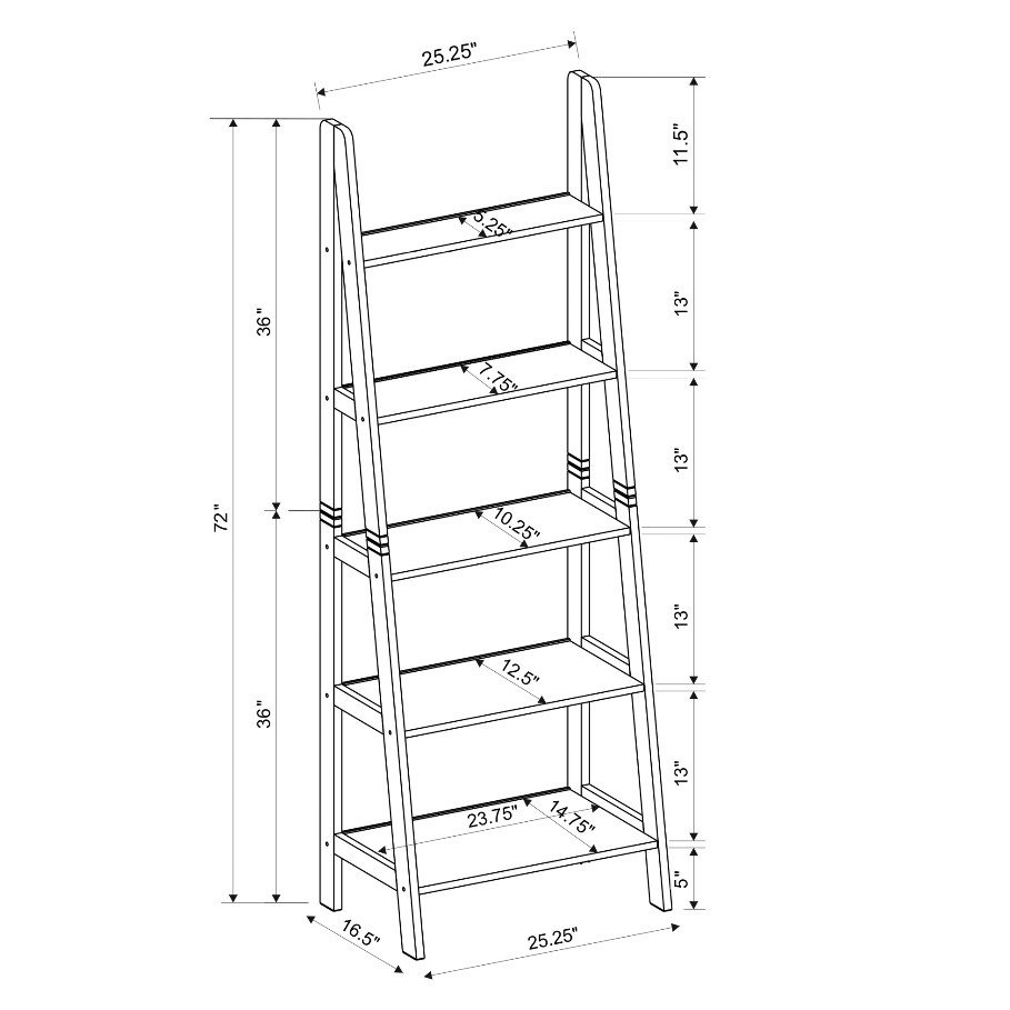 White Acadia Ladder Bookshelf by Start2Finish with multiple shelves and a modern ladder design, perfect for storage and display.