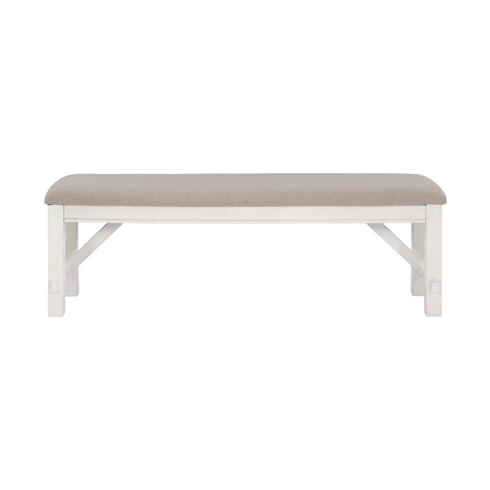 Distressed white wooden bench with rustic finish and sturdy legs, ideal for entryway or living room seating by Start2Finish.