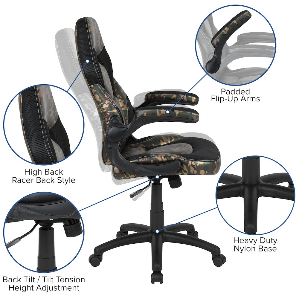 Black gaming desk with camouflage accents and a black racing chair from Start2Finish, ideal for gaming setups and e-sports.