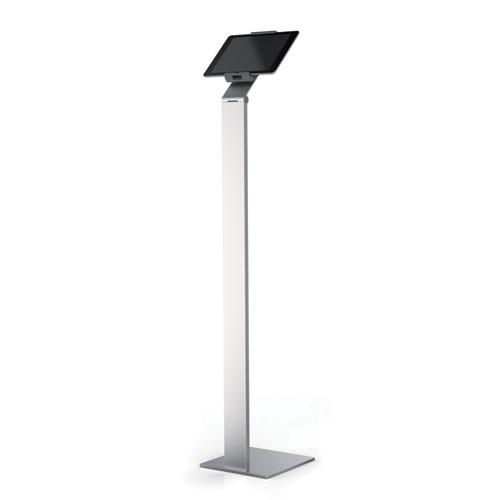 Silver and charcoal gray floor stand tablet holder by Start2Finish with adjustable support for electronic devices.