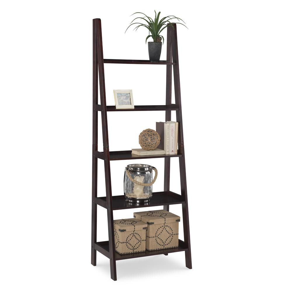 Start2Finish Acadia Ladder Bookshelf in espresso finish with multiple shelves for books and decor storage.