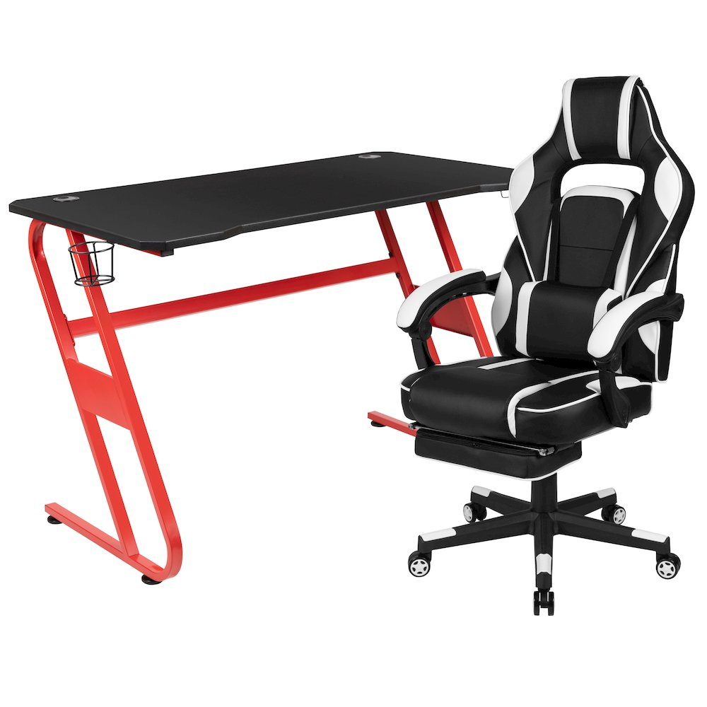 Start2Finish gaming chair with white reclining back, armrests, red desk, and headphone hook, designed for comfortable gaming setup.