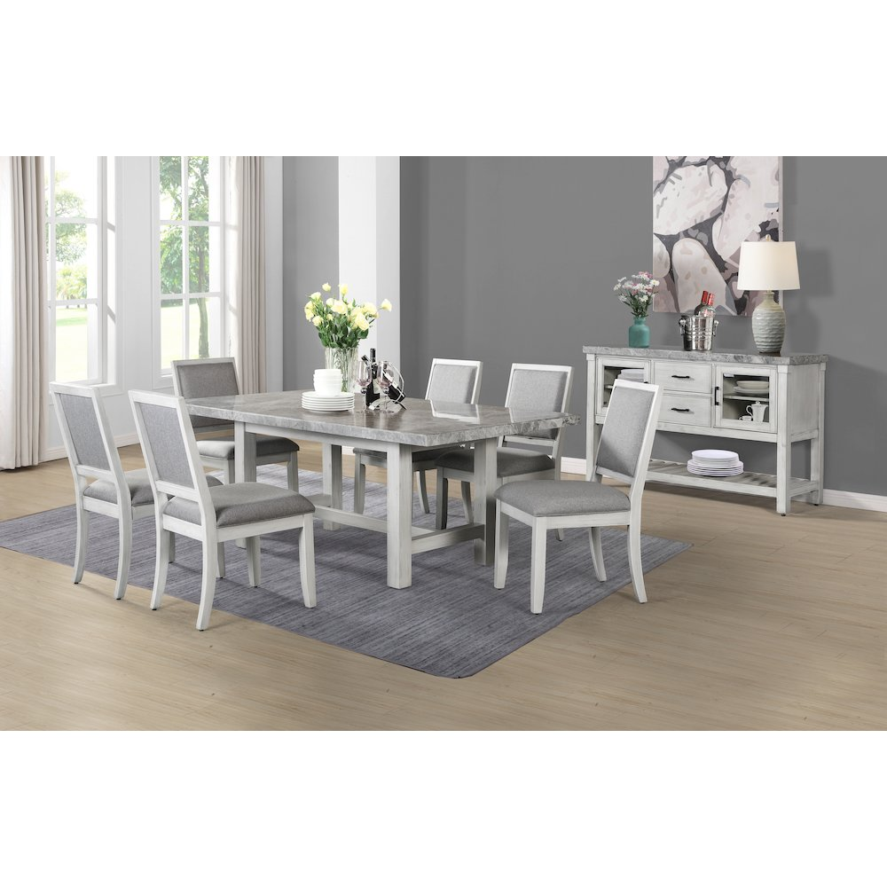Start2Finish Canova Gray marble top dining table with sleek gray marble surface and sturdy wooden legs, modern design.