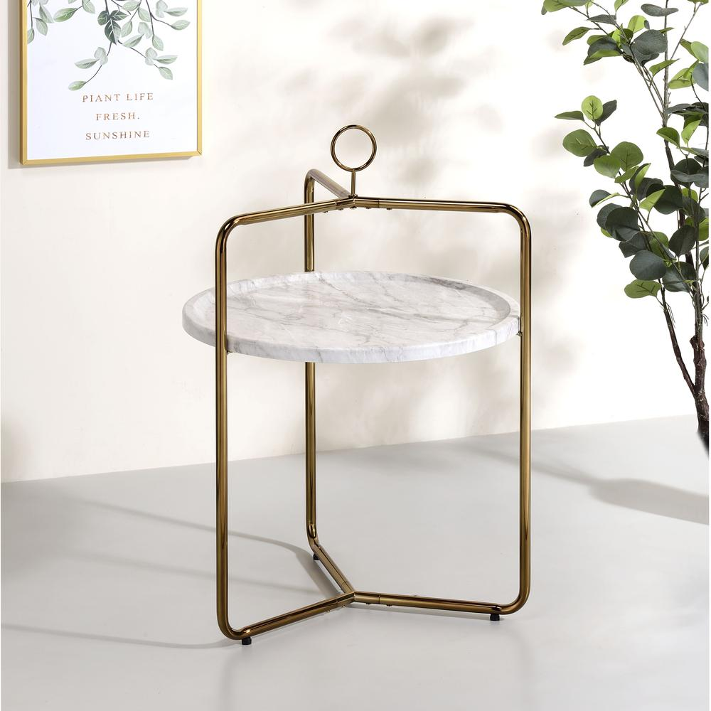 White and gold Miro side table by Start2Finish, featuring a sleek modern design with a round tabletop and stylish metal legs.