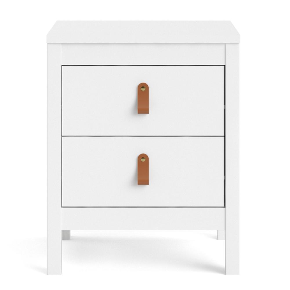 White Madrid 2 Drawer Nightstand by Start2Finish showing smooth surface and two spacious drawers in a bedroom setting.