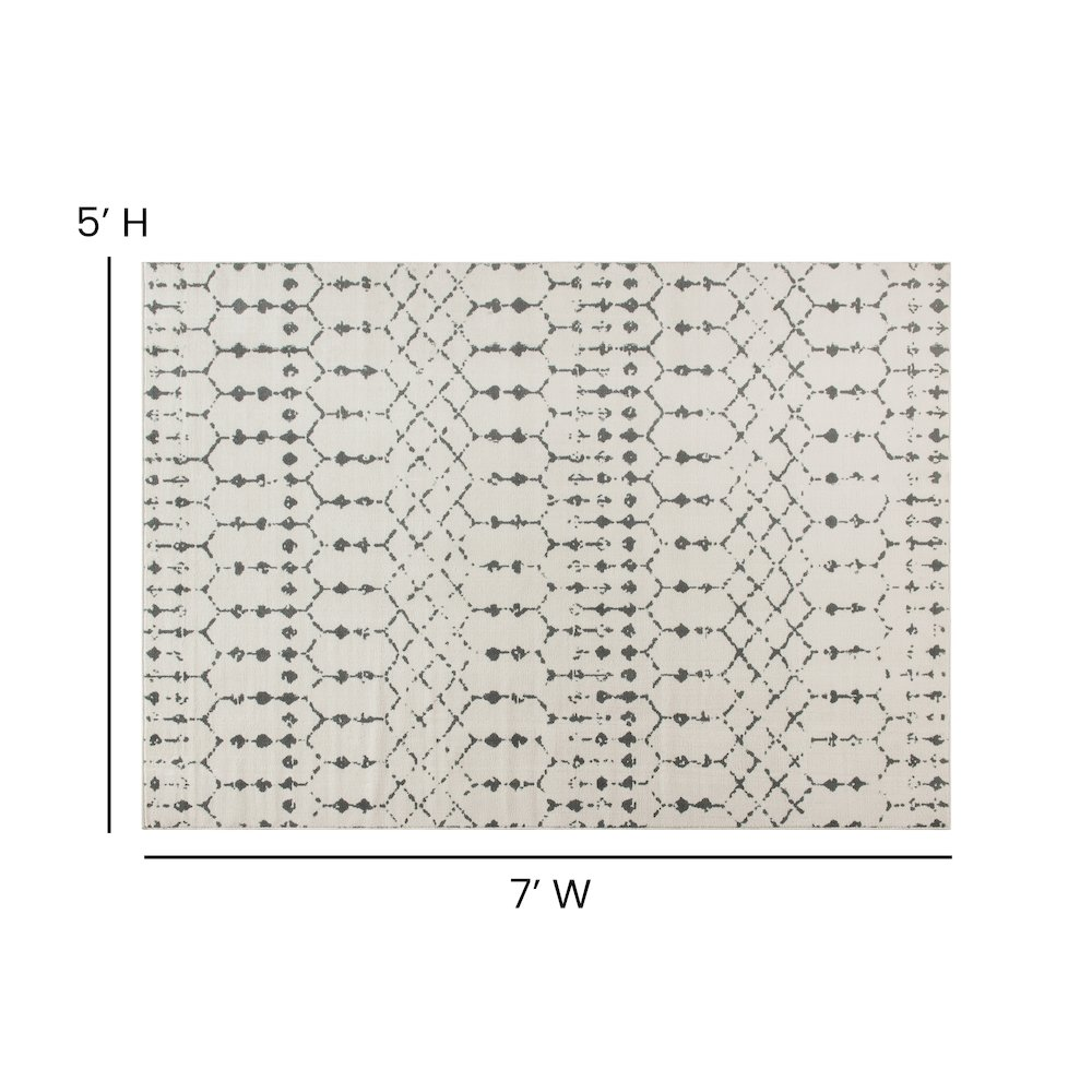 Start2Finish geometric bohemian low pile rug in ivory and gray with a 5x7 size, featuring a modern, abstract pattern.