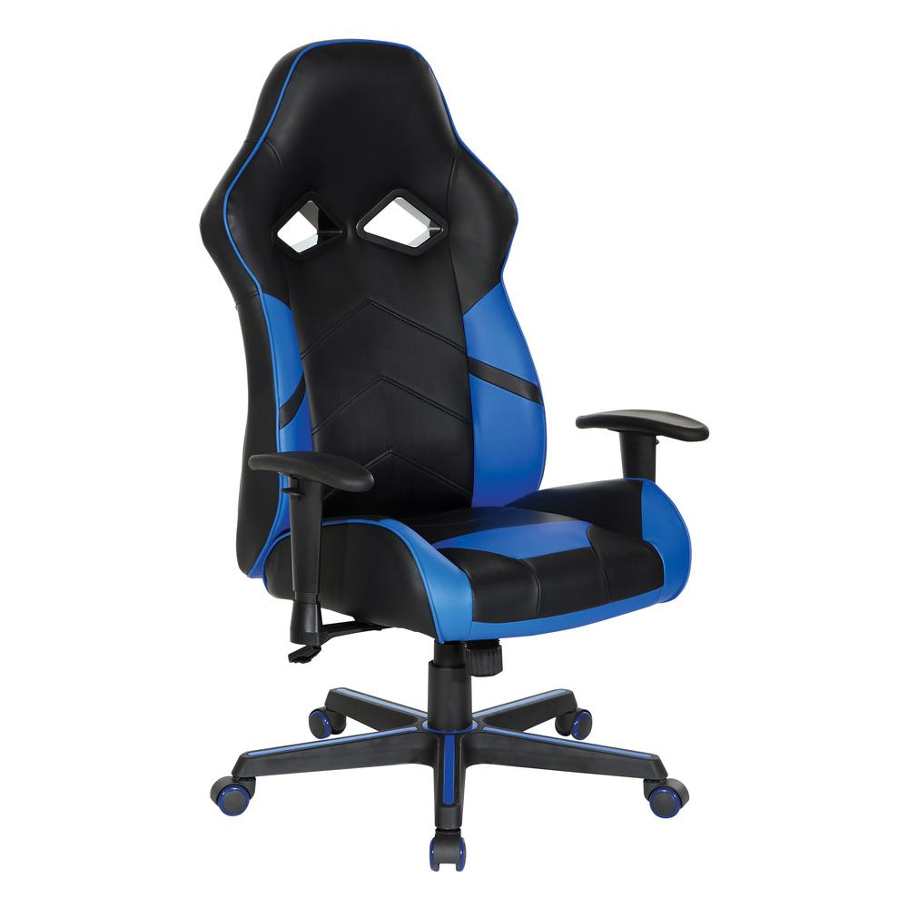 Vapor Gaming Chair by Start2Finish in black faux leather with blue accents, featuring ergonomic design and adjustable armrests.