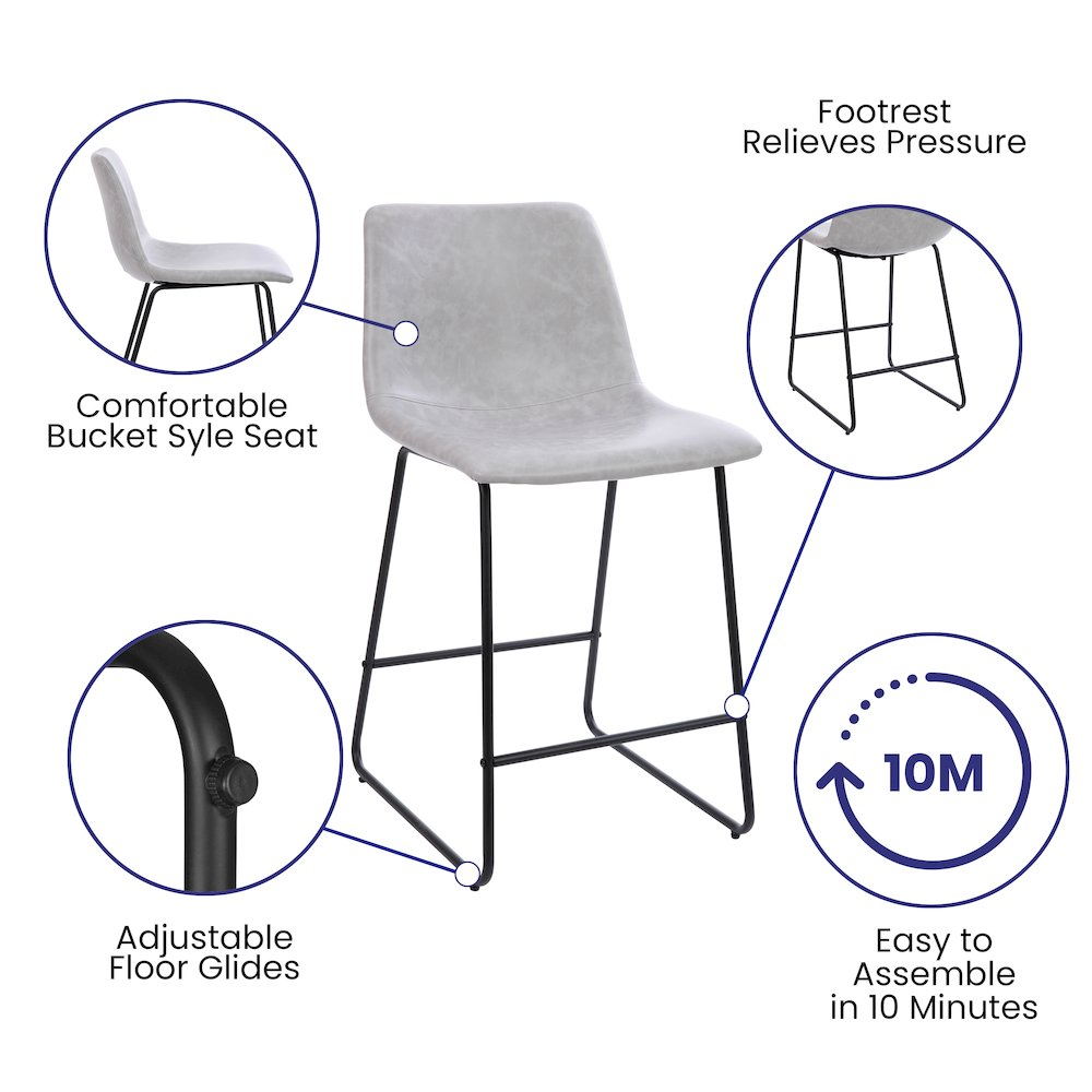 Set of two 24-inch Light Gray LeatherSoft counter height barstools by Start2Finish, featuring cushioned seats and sturdy wooden legs.