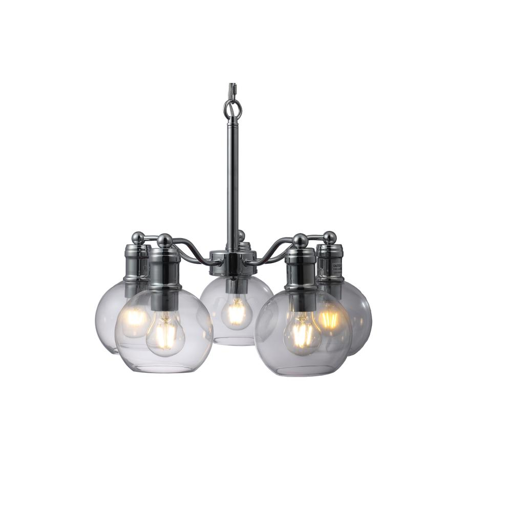 Chloe Lighting Wacian 5-light chrome hanging chandelier with clear glass shades, measuring 18 inches wide, modern transitional design.