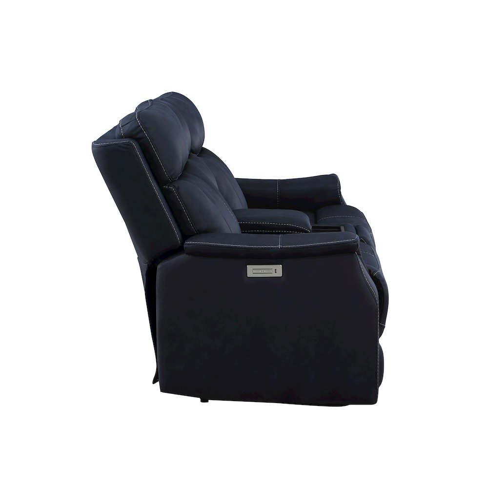 Start2Finish Valencia Dual Power Reclining Console Loveseat in ocean blue fabric, featuring built-in cup holders and plush cushions.