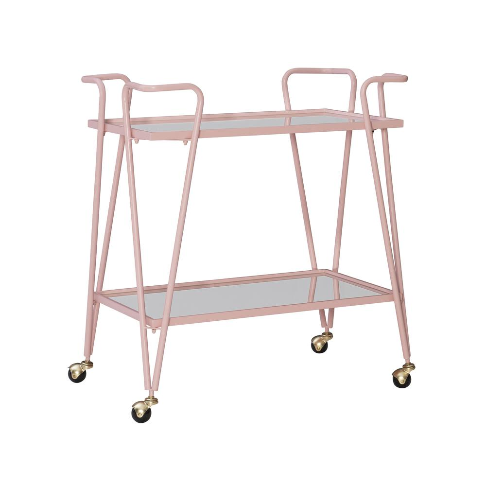 Pink mid-century bar cart from Start2Finish with two shelves and brass handles, stylish furniture for home entertainment.