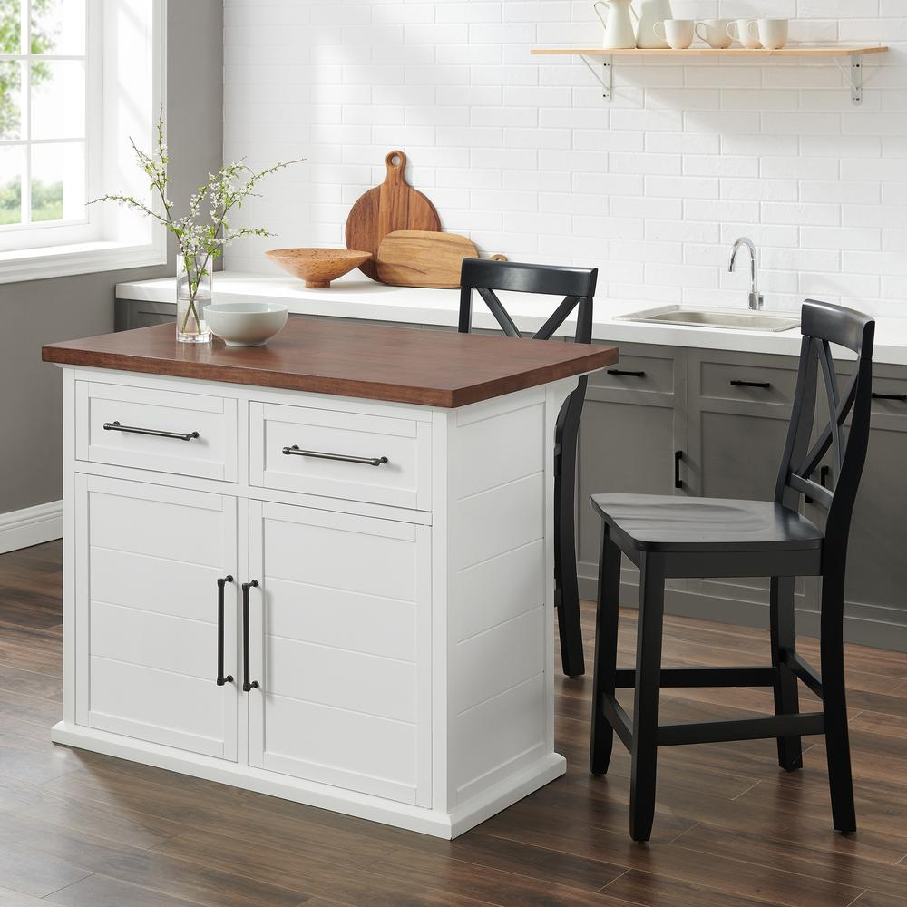 Start2Finish Bartlett wood top kitchen island with X-back stools, showcasing a spacious kitchen furniture setup with natural wood finish.