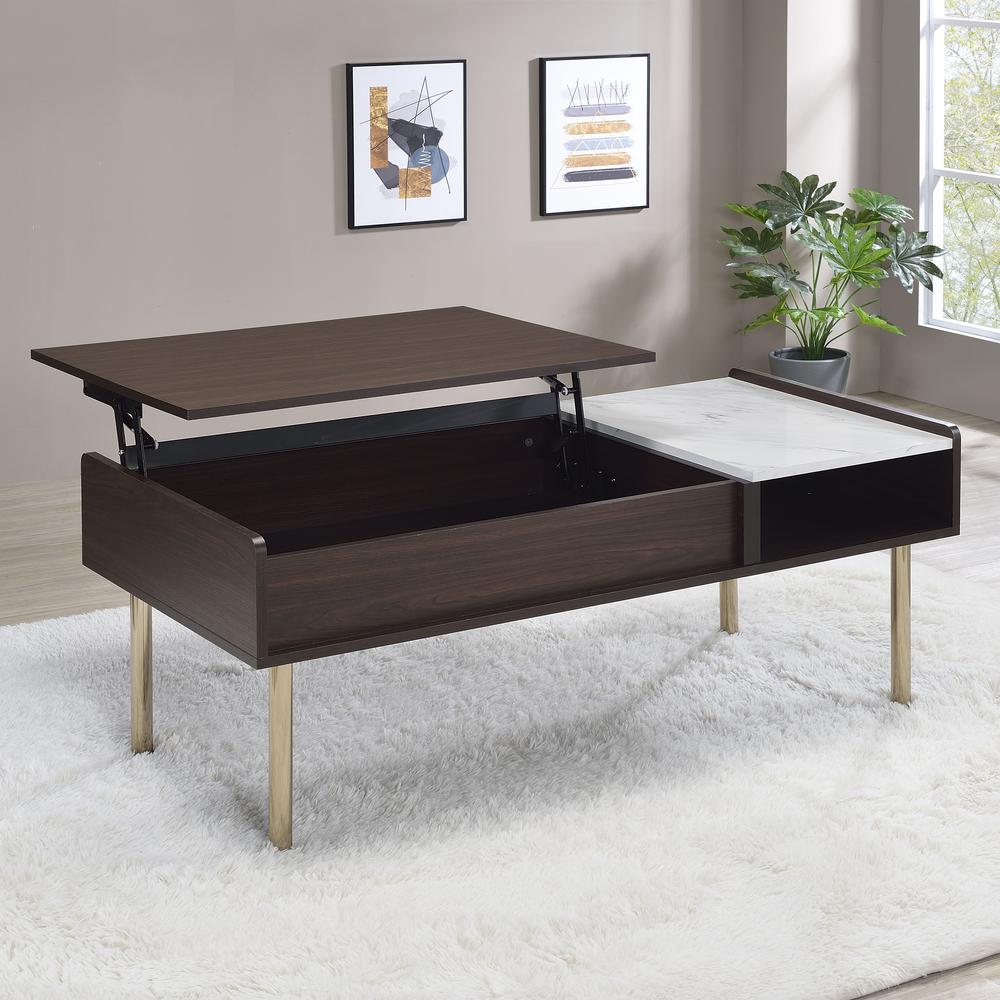 Start2Finish Carrie lift-top coffee table with wood finish, showing the tabletop lifted to reveal hidden storage space.