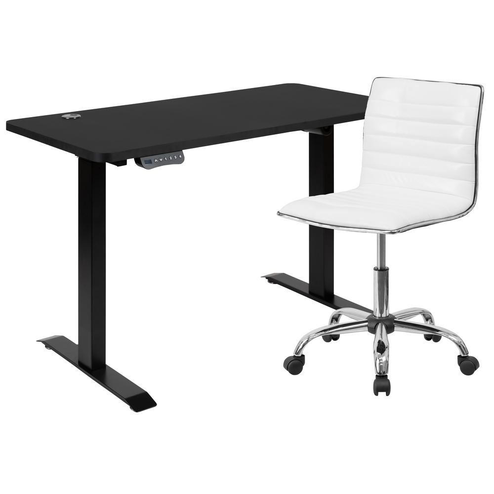 Start2Finish adjustable height motorized standing desk and swivel chair duo, showing the ergonomic work setup with desk and chair.