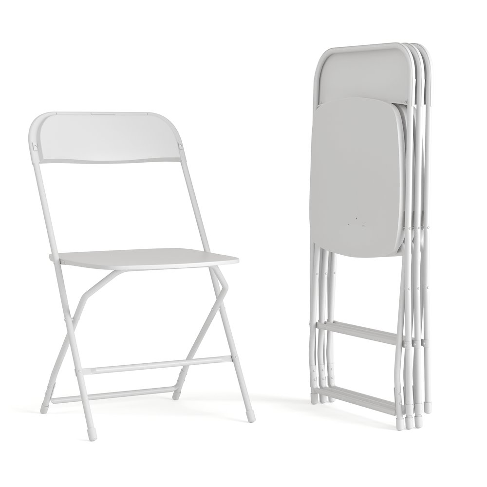 Set of four Start2Finish multi-use commercial folding plastic chairs in big and tall size, shown stacked and ready for seating.