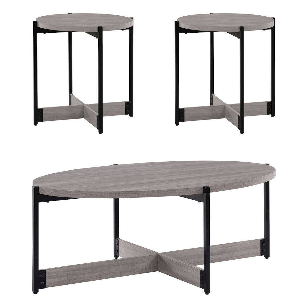 Three grey woodgrain finish occasional tables with black metal legs, part of the Start2Finish 3-piece furniture set.