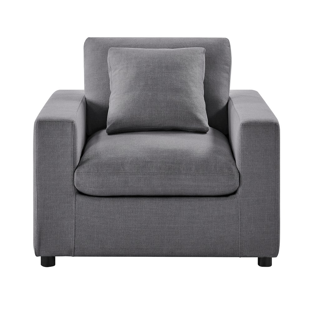 Charcoal Casella Modern Armchair by Start2Finish with plush fabric upholstery and sleek armrest design.