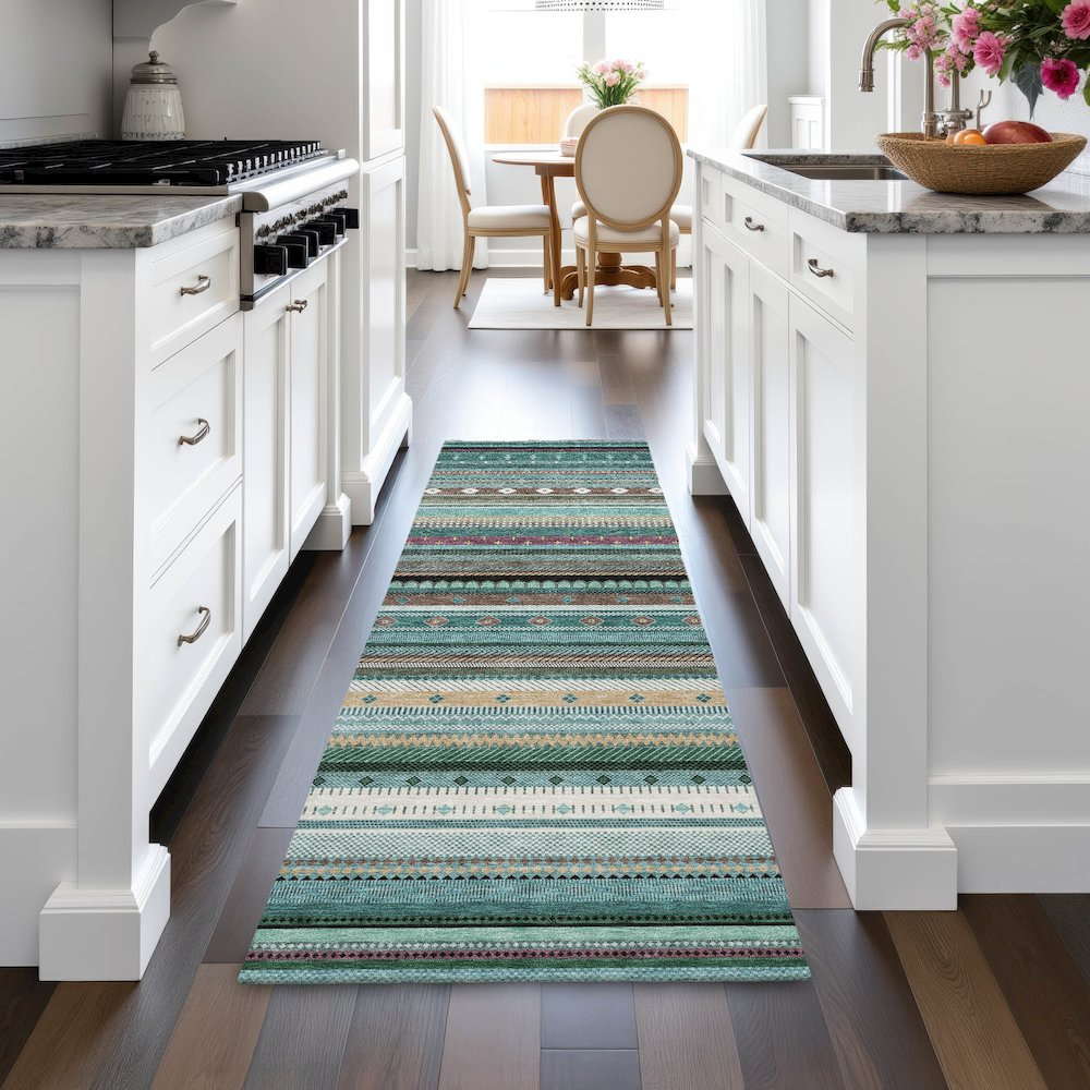 Start2Finish teal indoor/outdoor Chantille runner rug with machine washable design, measuring 2&