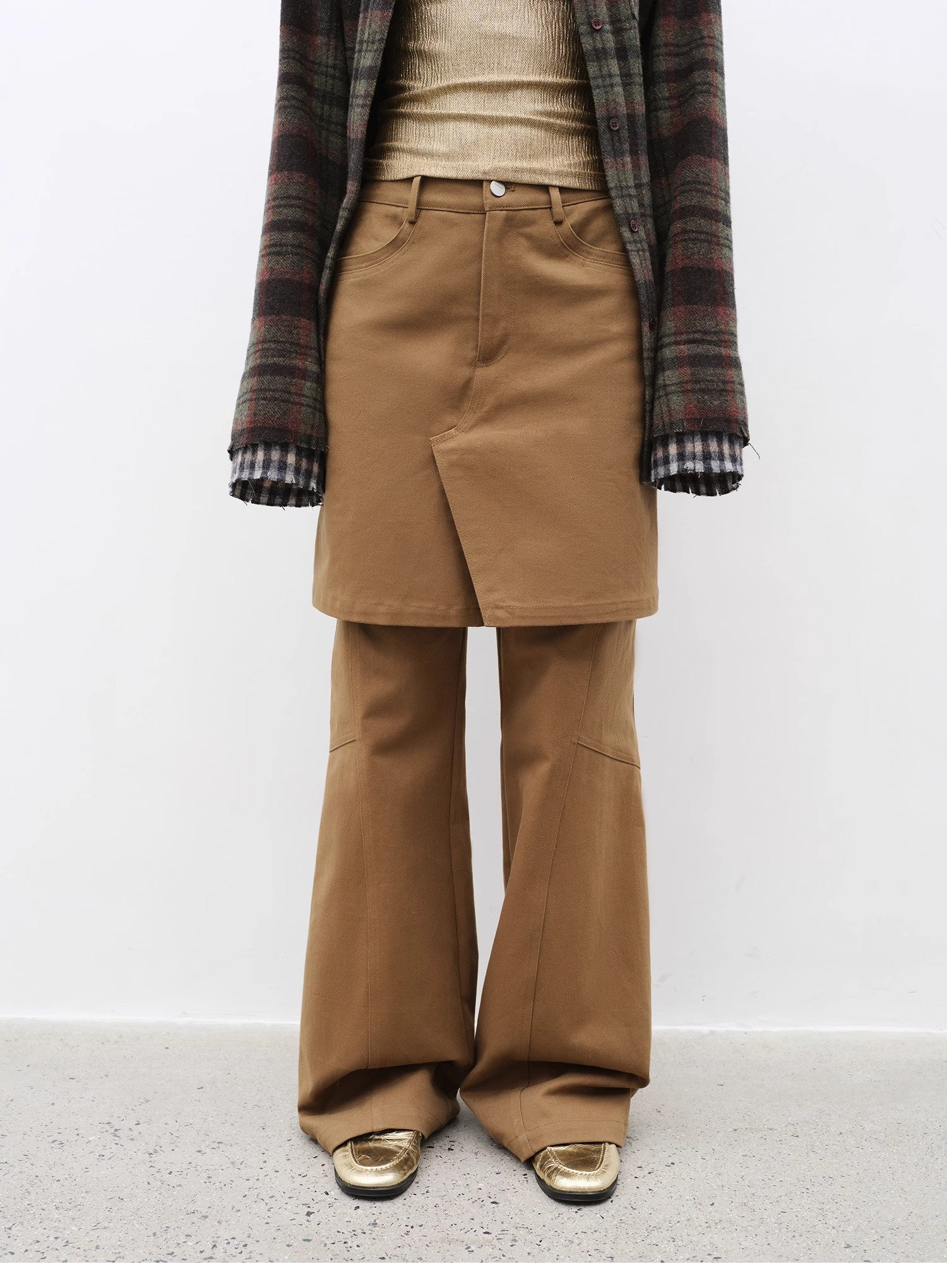 Brown Coeus Culotte Declaration retro split design fake two-piece twill brushed jacket, featuring a stylish and textured silhouette.